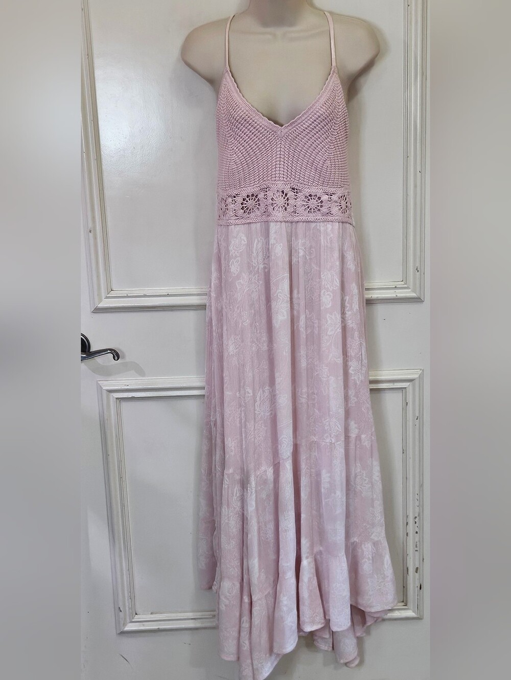 Hollister Pink Crochet & Flowy Crepe Asymmetrical Hem Maxi Dress, X-Large